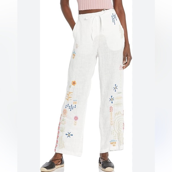 Biya by Johnny Was Elektra white linen embroidered Pants - Picture 1 of 9